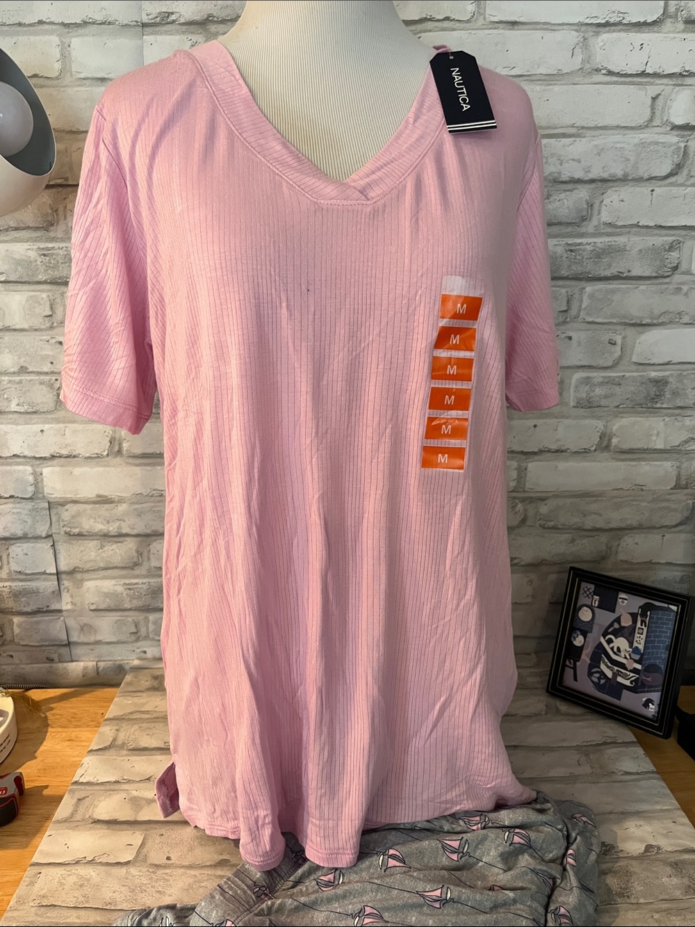 Nautica  tPink V-Neck Short Sleeve Tee sleep shirt  long pants lounge sailboats
